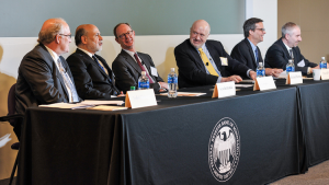 Left to right: John Bovenzi, Ben Bernanke, J. Christopher Flowes, Richard Herring, David Skeel, Ron Feldman 