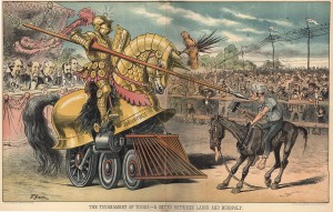 "The Tournament of To-day – a Set-to Between Labor and Monopoly" by Frederick Graetz. Published in Puck Magazine, August 1883.