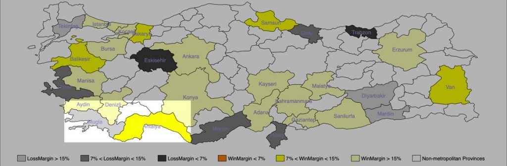 map of turkey broken into local areas and colored in based on margin of loss/win in local elections