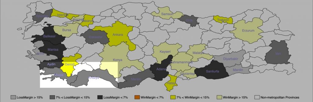 map of turkey broken into local areas and colored in based on margin of loss/win in local elections