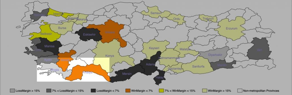 map of turkey broken into local areas and colored in based on margin of loss/win in local elections