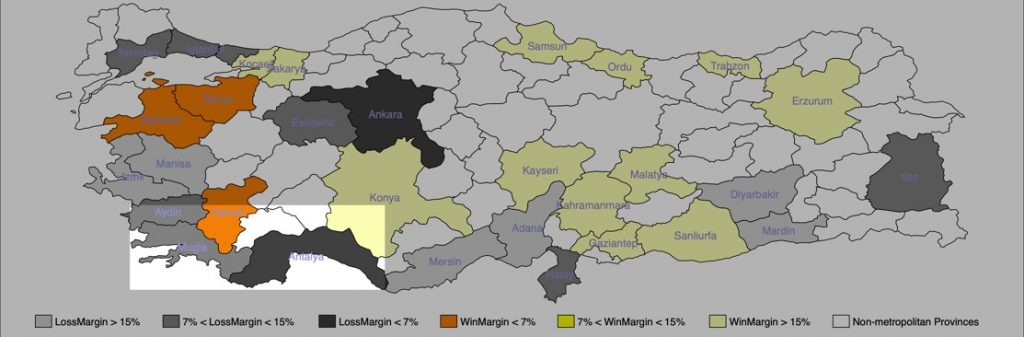 map of turkey broken into local areas and colored in based on margin of loss/win in local elections