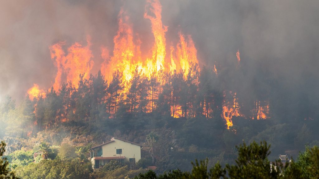 Forest fire in Hisaronu neighbourhood of Marmaris resort town in Turkey, on August 2, 2021. Photo is of a house on a hill, surrounded by pine trees. Trees above the house are on fire, with big flames shooting up above the trees.