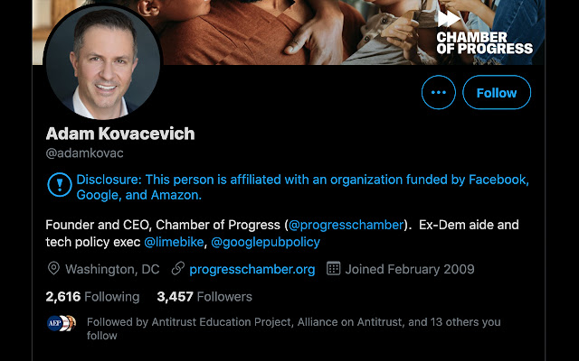 Twitter profile screenshot: name Adam Kovacevich. Disclosure under the name reads: "This person is affiliated with an organization funded by Facebook, Google, and Amazon."