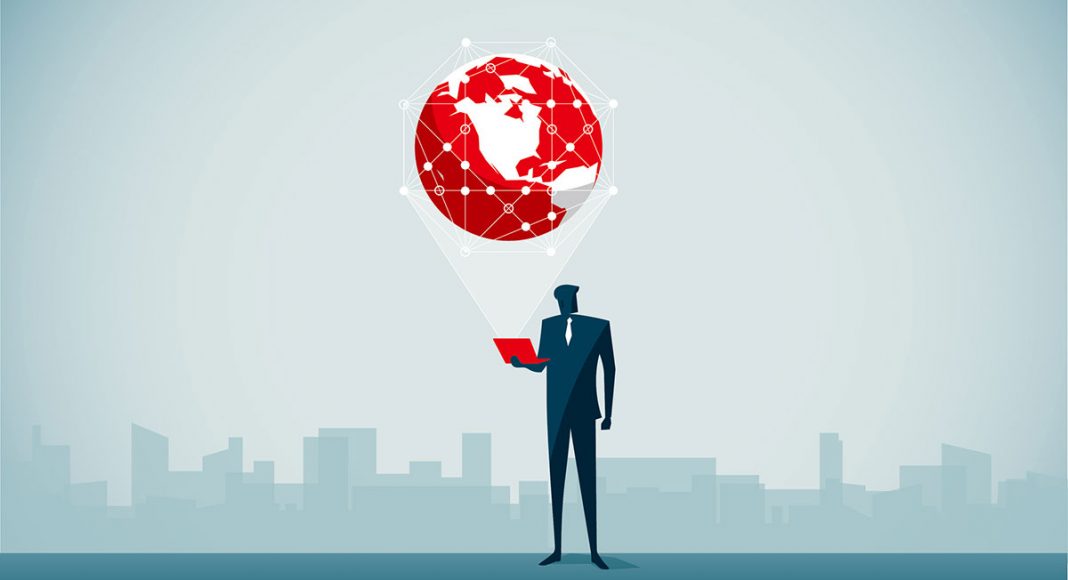 Illustration of a man holding a laptop and above is a globe with a network of points drawn all around it leading back into the computer.