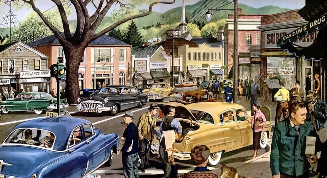illustration of 1950s main street USA, people fixing cars and hailing taxis